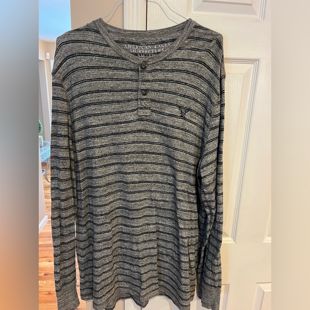 American Eagle Outfitters Men's Charcoal Striped Henley